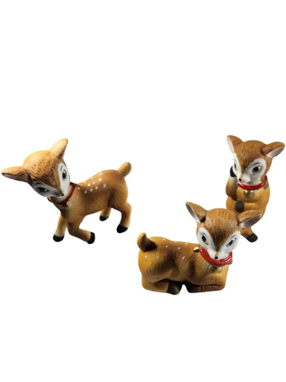Ceramic Deer Figurines fawns vtg Homco 5606 Set Of 3 Red Collars christmas